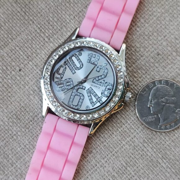Women Wristwatch Pink Rubber Strap Silver Tone Case Crystal Accent Bezel Watch - Picture 7 of 11